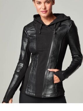 BLANC NOIR  Black Hooded Size L  Mixed Material Moto Jacket Faux Leather Panel